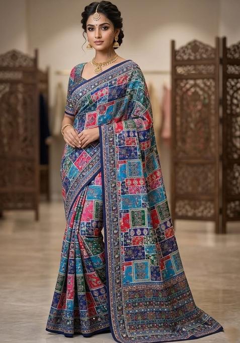 Blue Solid Silk Saree Set