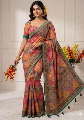 Multicolor Solid Silk Saree Set