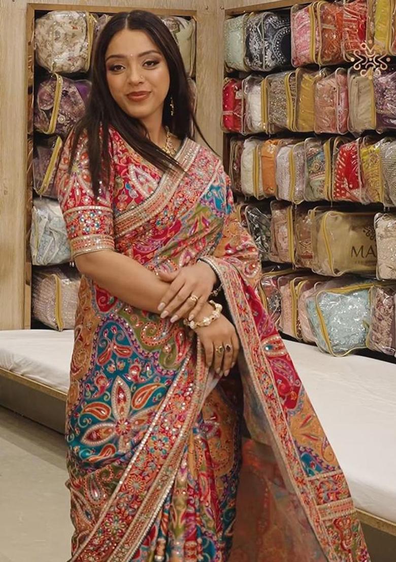Multicolor Solid Silk Saree Set - Indya