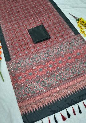 Pink Solid Silk Saree Set