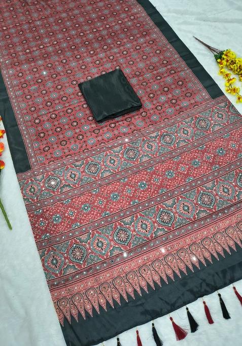 Pink Solid Silk Saree Set