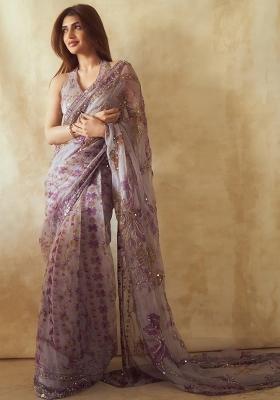 Purple Solid Silk Saree Set