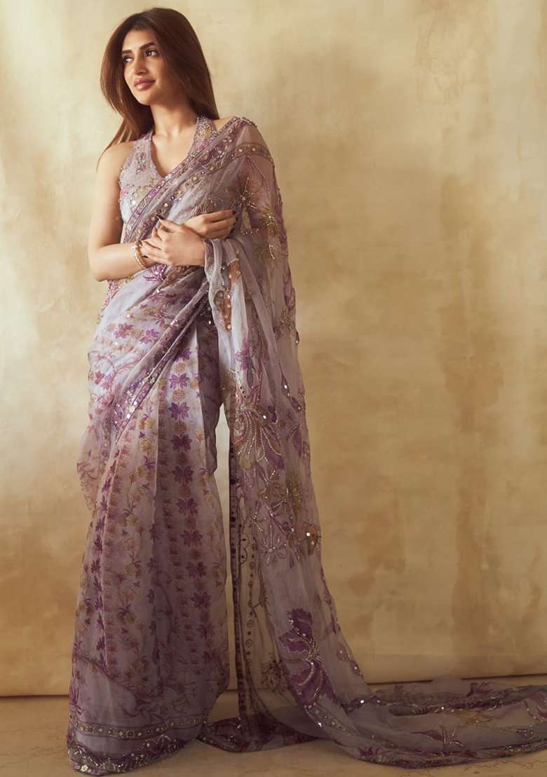 Purple Solid Silk Blend Saree Set for Diwali | Wedding & Festive Wear - Indya