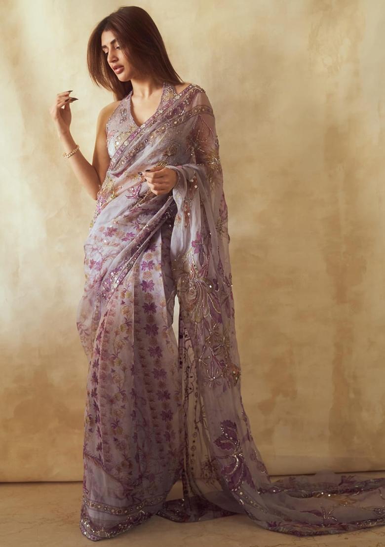 Purple Solid Silk Saree Set - Indya