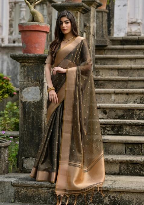 Coffee Solid Silk Saree Set — view on Indya