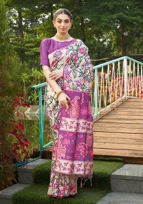 Purple Solid Silk Blend Saree Set