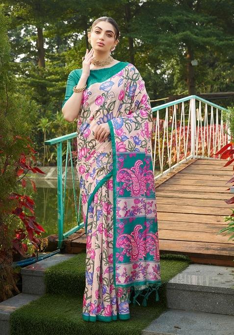 Green Solid Silk Saree Set — view on Indya