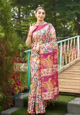 Pink Solid Silk Blend Saree Set