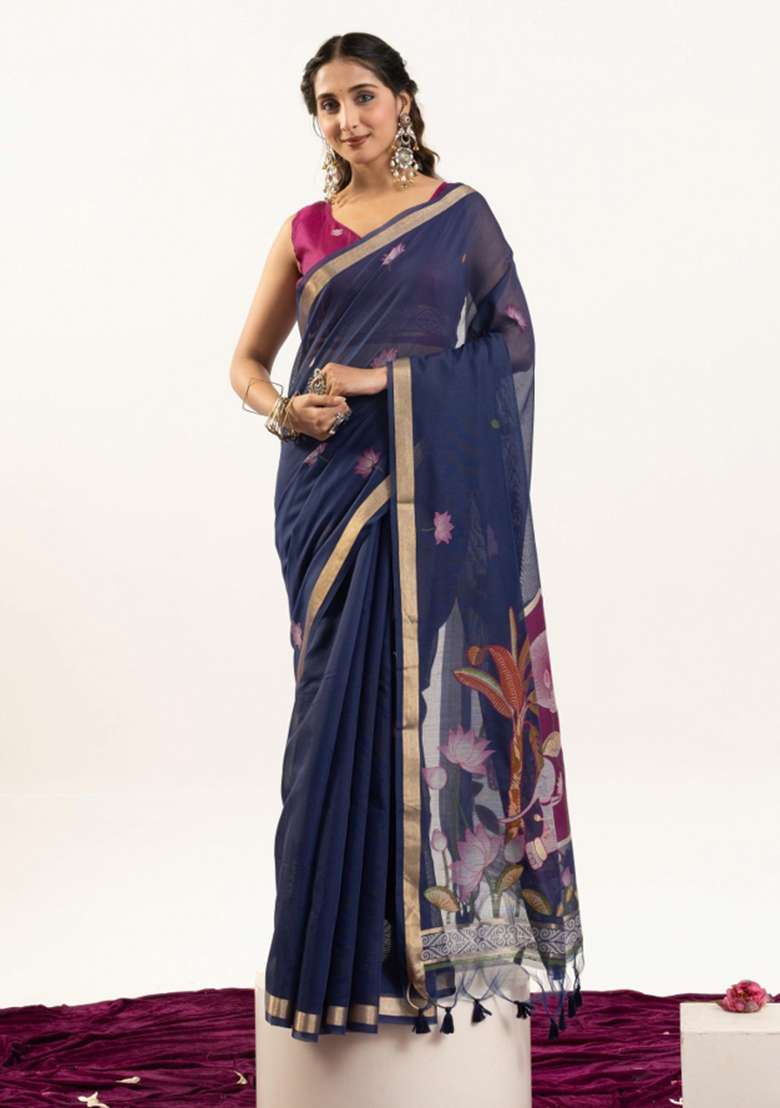 Blue Solid Cotton Saree Set - Indya