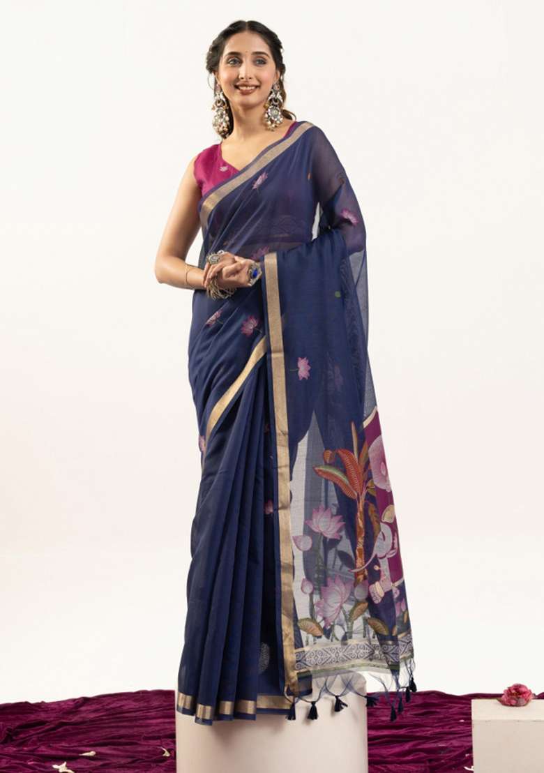 Blue Solid Cotton Saree Set - Indya