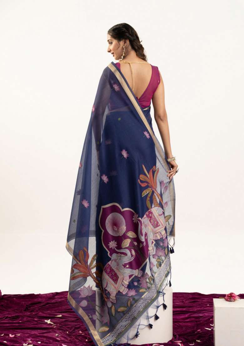 Blue Solid Cotton Saree Set - Indya
