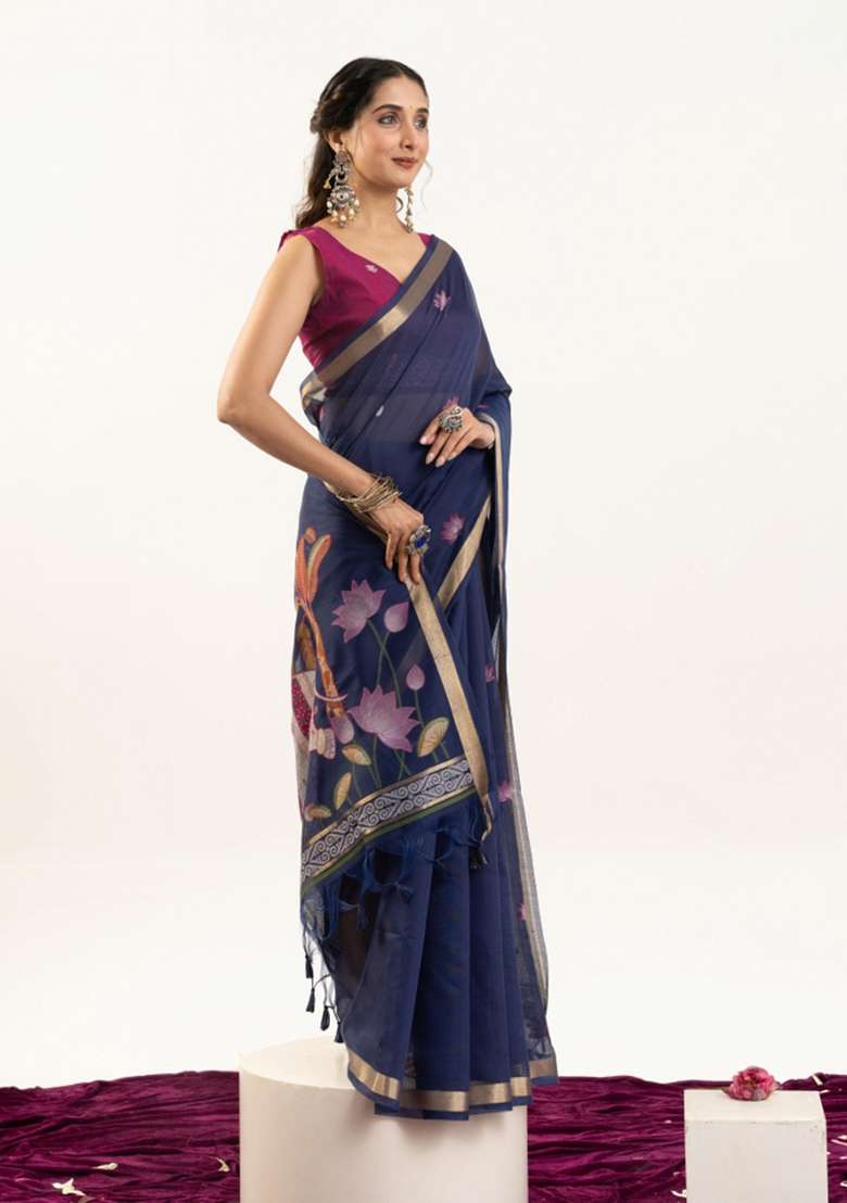 Blue Solid Cotton Saree Set - Indya