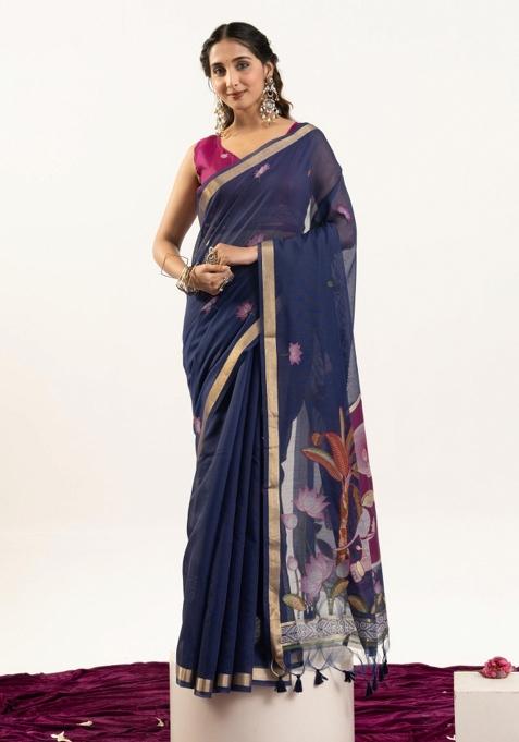 Blue Solid Cotton Saree Set