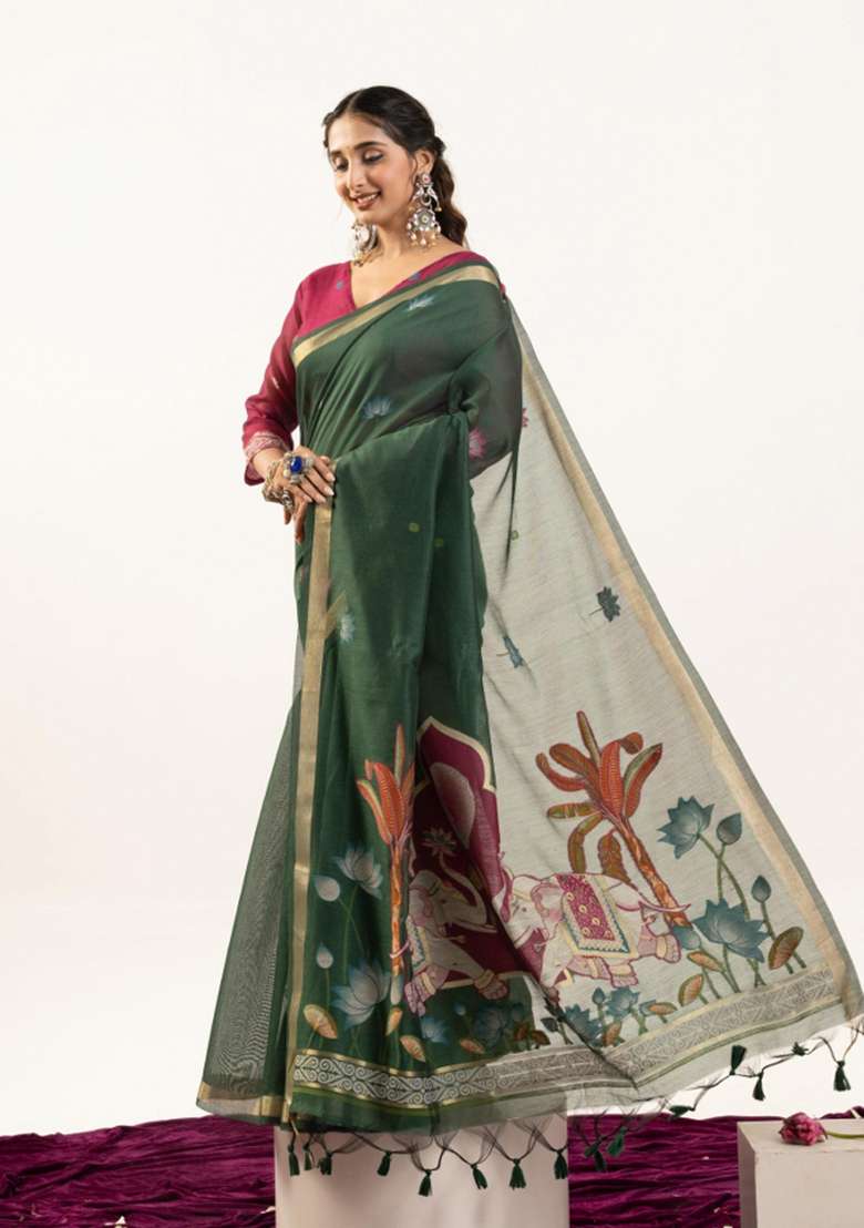 Green Solid Cotton Saree Set - Indya