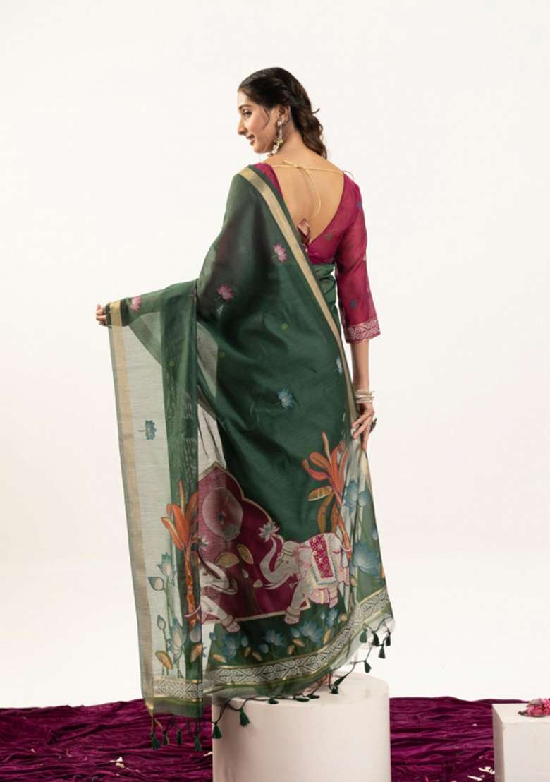 Green Solid Cotton Saree Set - Indya