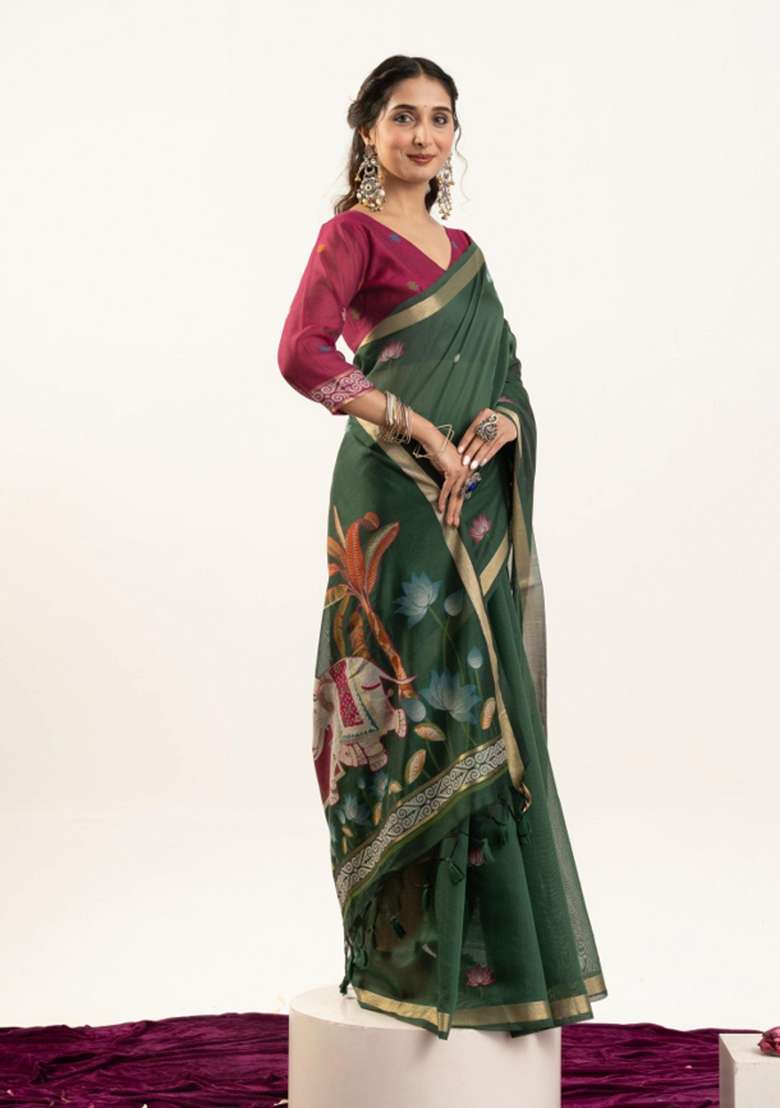 Green Solid Cotton Saree Set - Indya