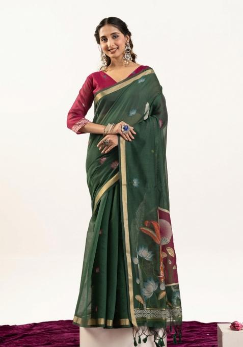 Green Solid Cotton Saree Set — view on Indya