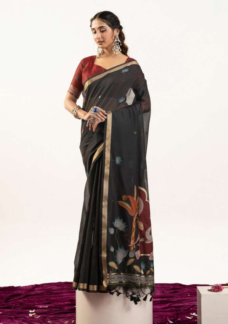 Black Solid Cotton Saree Set - Indya