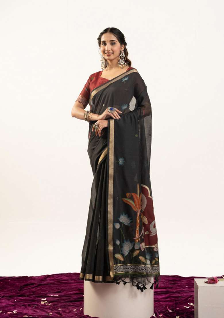 Black Solid Cotton Saree Set - Indya