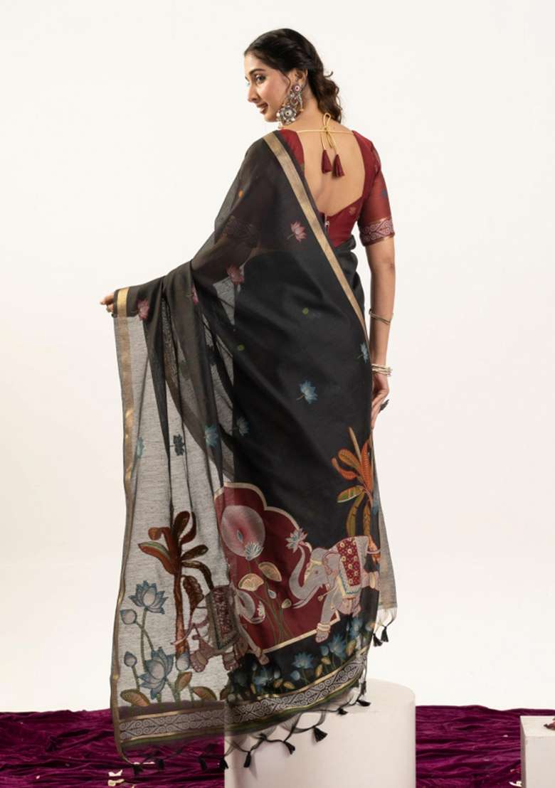 Black Solid Cotton Saree Set - Indya