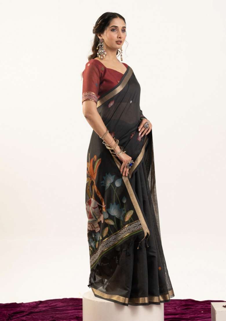 Black Solid Cotton Saree Set - Indya
