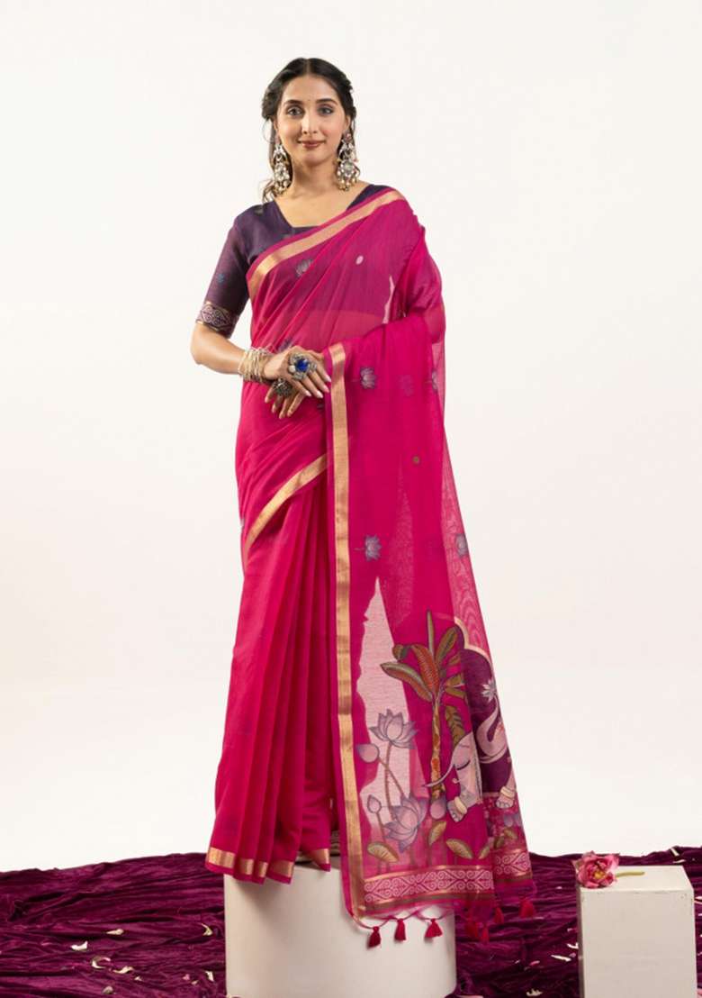 Pink Solid Cotton Saree Set - Indya