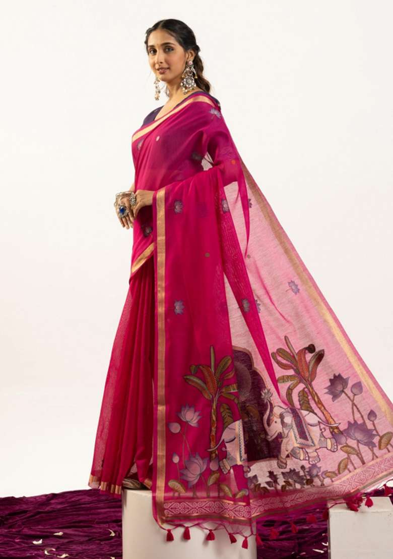 Pink Solid Cotton Saree Set - Indya