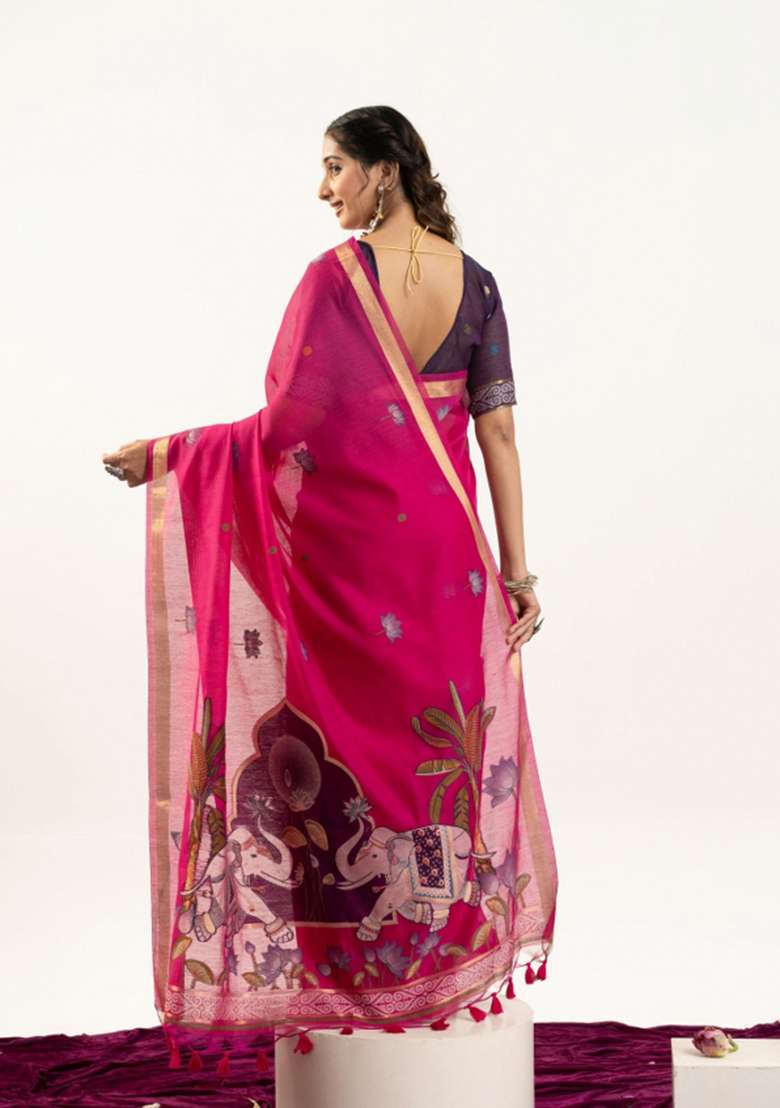 Pink Solid Cotton Saree Set - Indya