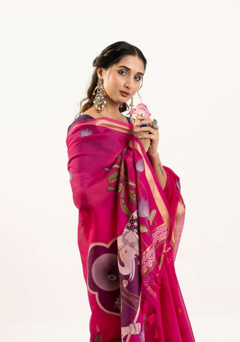 Pink Solid Cotton Saree Set - Indya