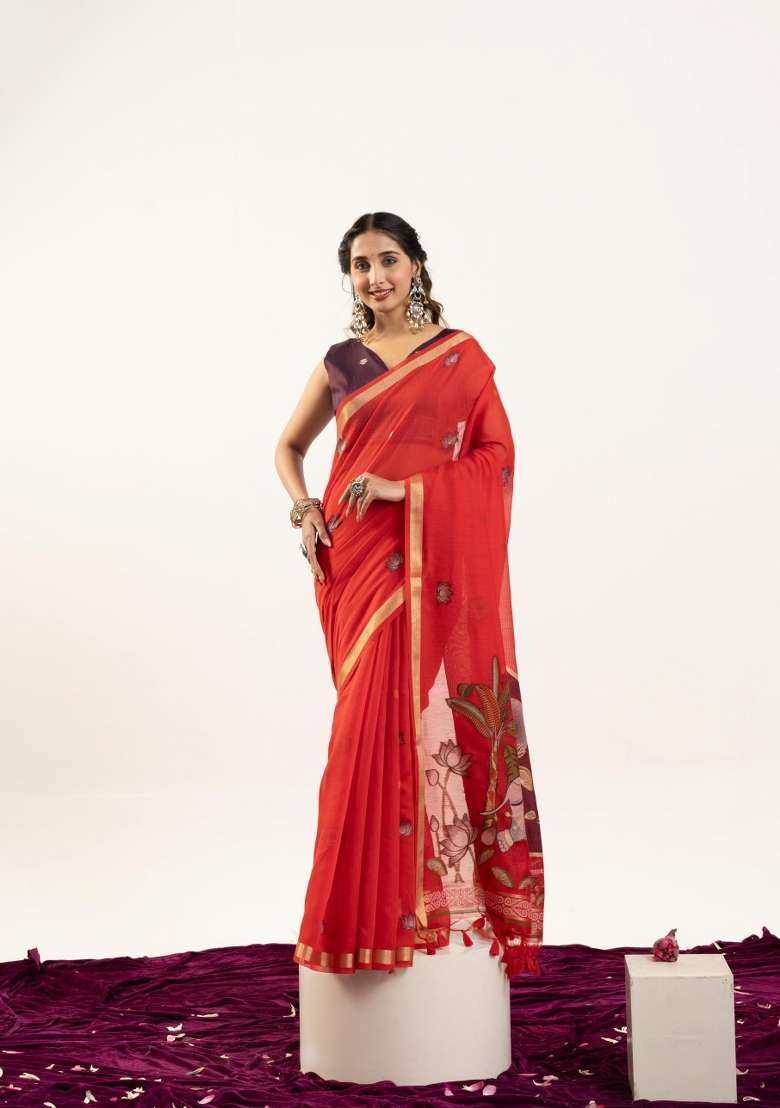 Red Solid Cotton Saree Set - Indya