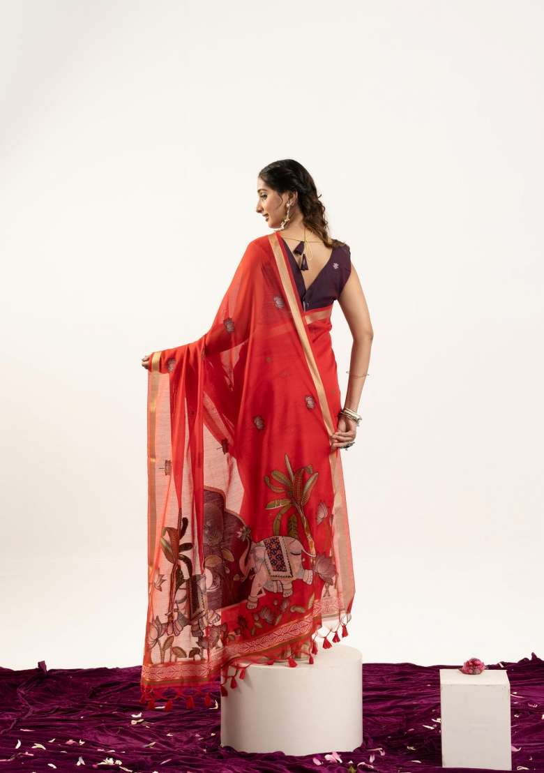 Red Solid Cotton Saree Set - Indya