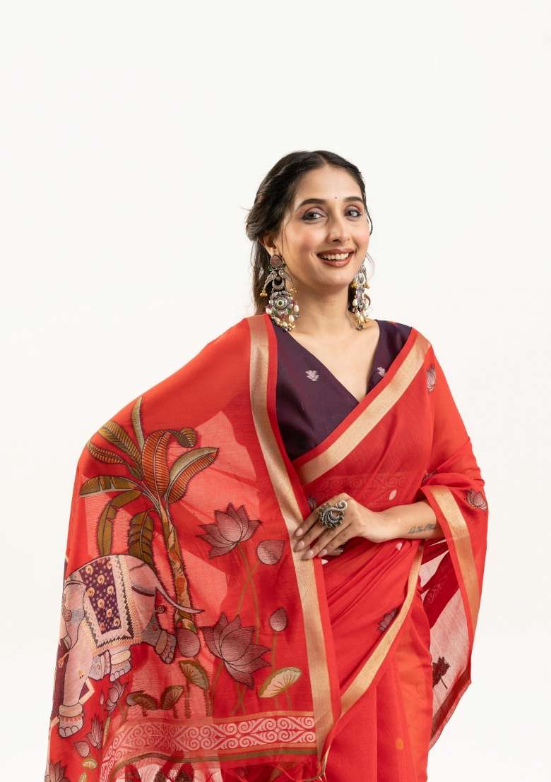 Red Solid Cotton Saree Set - Indya