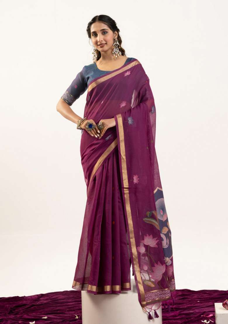 Wine Solid Cotton Saree Set - Indya