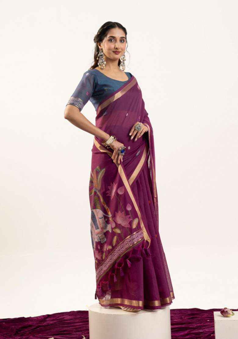 Wine Solid Cotton Saree Set - Indya