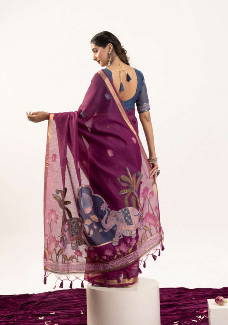Wine Solid Cotton Saree Set - Indya