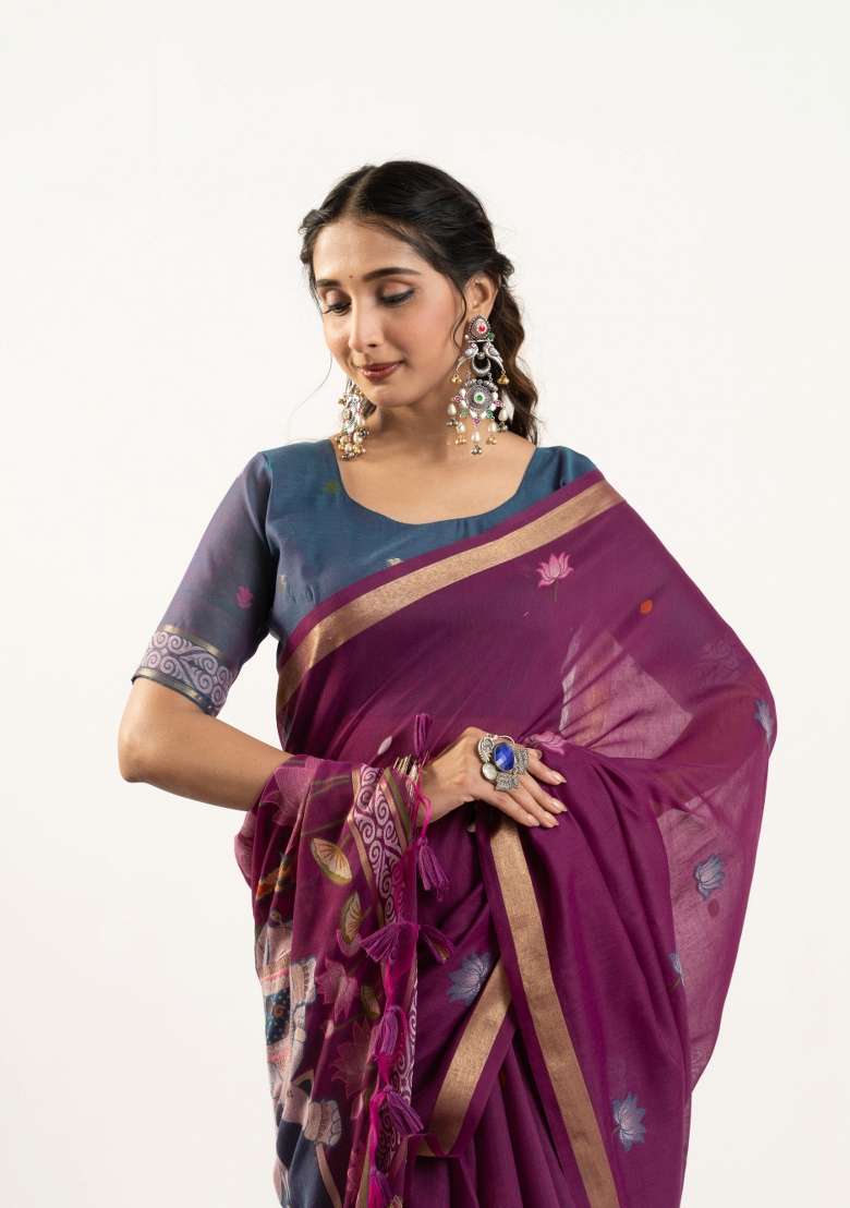 Wine Solid Cotton Saree Set - Indya