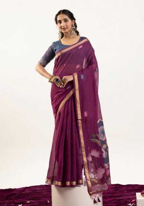 Wine Solid Cotton Saree Set — view on Indya