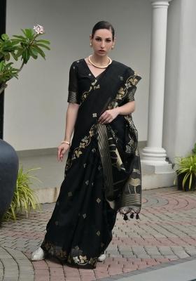 Black Solid Silk Blend Saree Set