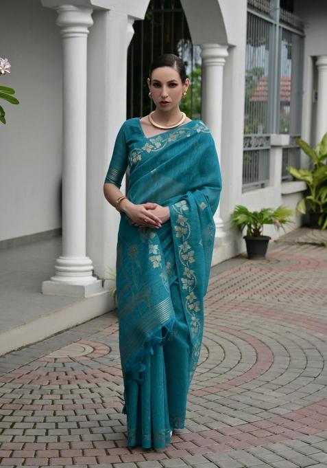 Firozi Solid Silk Saree Set