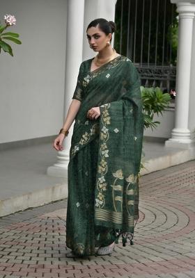 Green Solid Silk Blend Saree Set