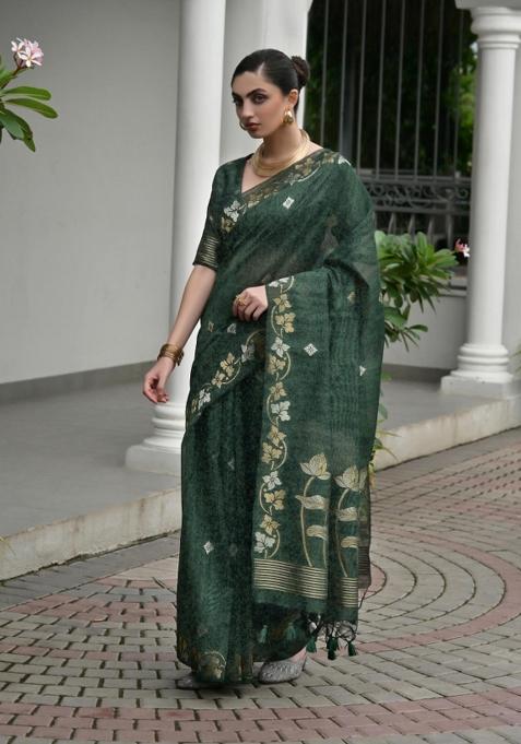 Green Solid Silk Saree Set — view on Indya