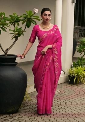 Pink Solid Silk Blend Saree Set