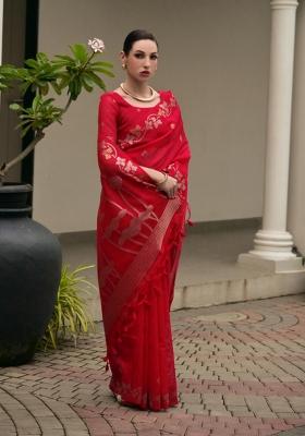 Red Solid Silk Blend Saree Set