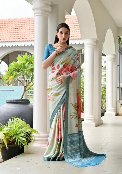 Firozi Solid Silk Saree Set