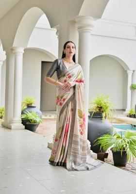 Grey Solid Silk Blend Saree Set
