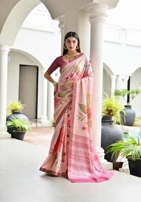 Pink Solid Silk Blend Saree Set