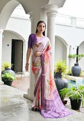 Purple Solid Silk Blend Saree Set