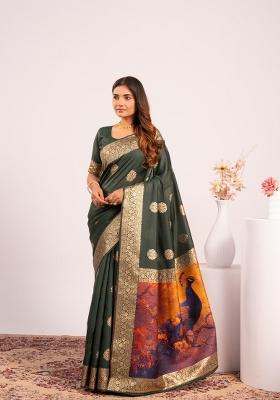 Green Solid Silk Blend Saree Set