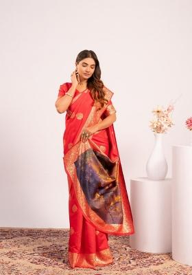 Red Solid Silk Blend Saree Set
