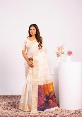 White Solid Silk Blend Saree Set